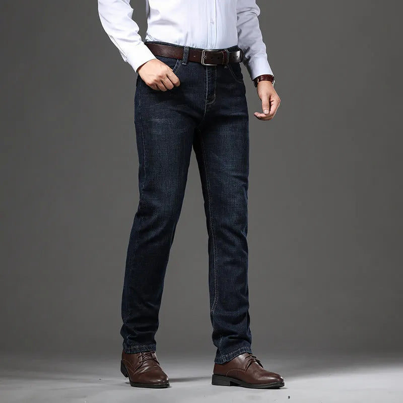 Stretch jeans in black and blue denim with straight-leg fit and high elasticity fabric