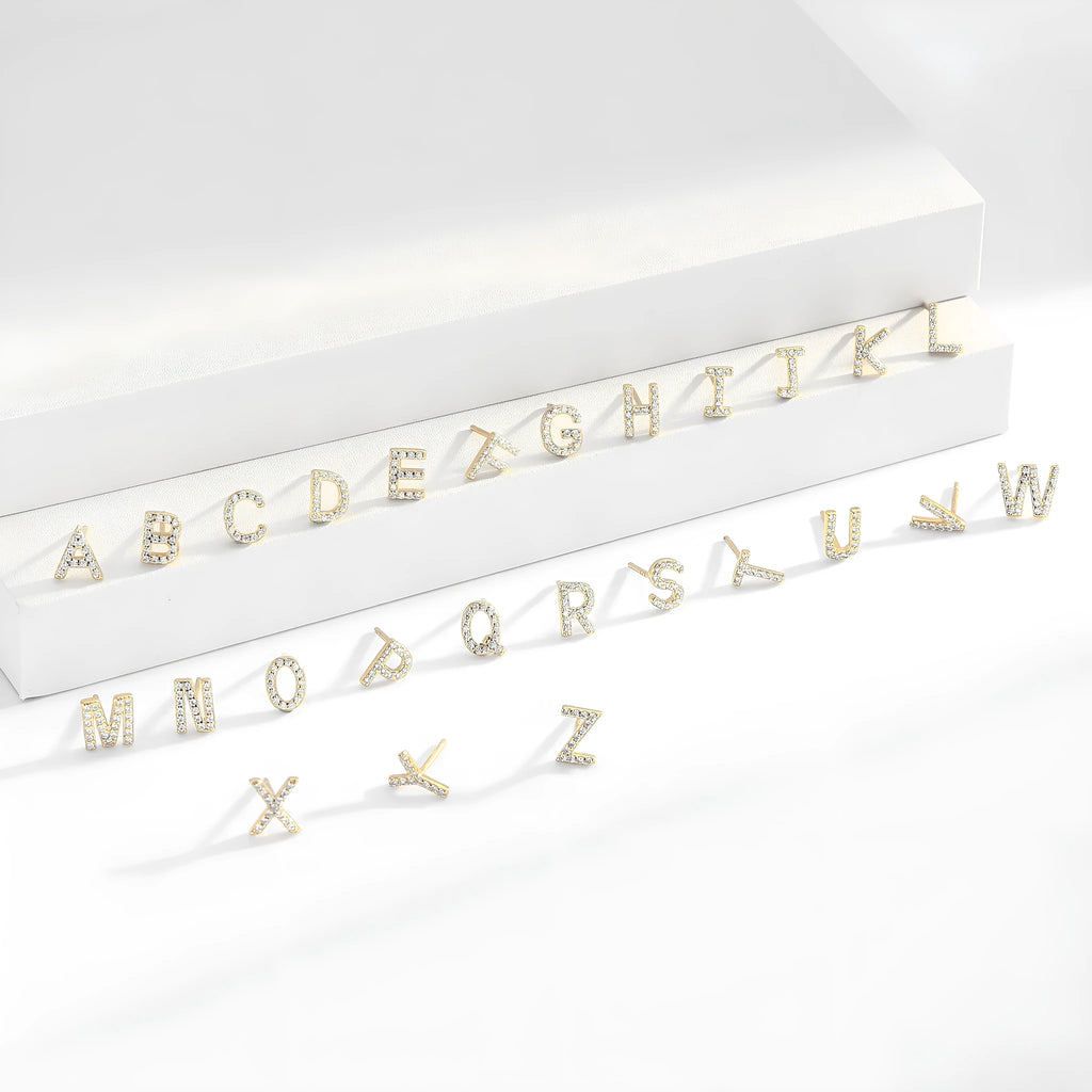 925 silver letter ear stud with electroplated gold finish, alphabet motif