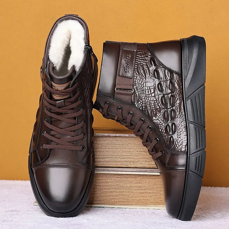 Women's genuine leather winter boots with fur lining and non-slip rubber soles in black with velvet trim
