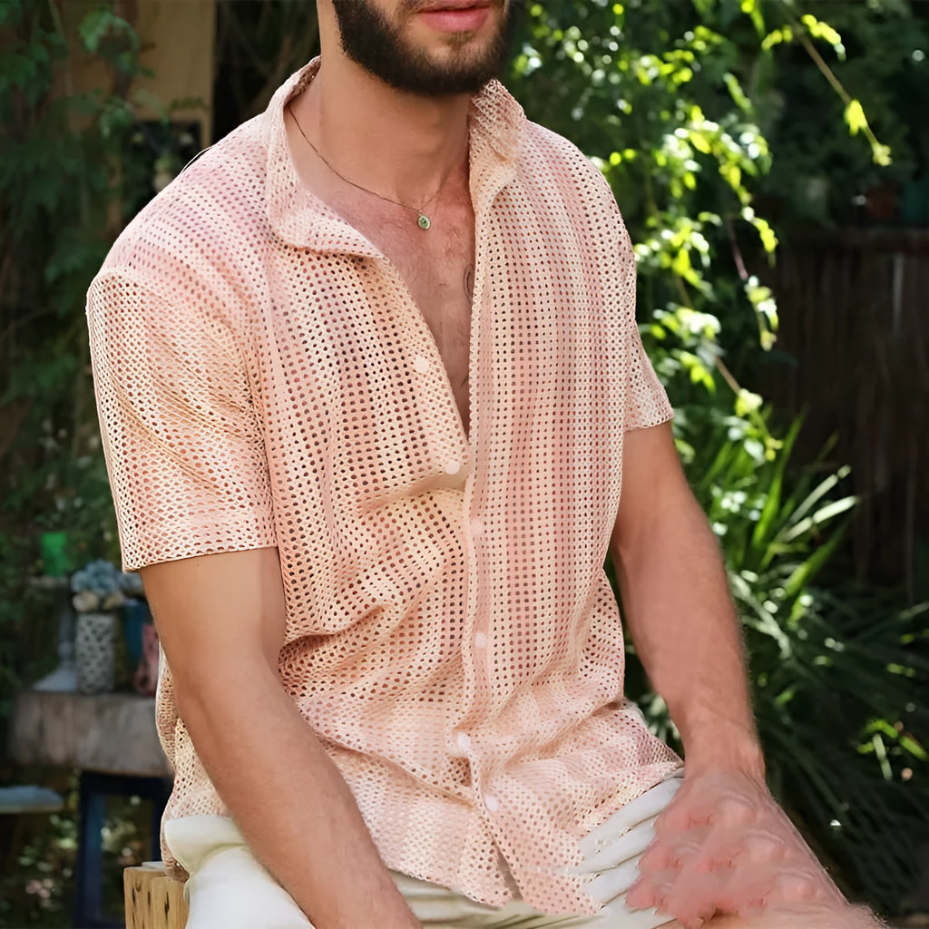 Pink waffle knit men's cardigan shirt with short sleeves and loose fit