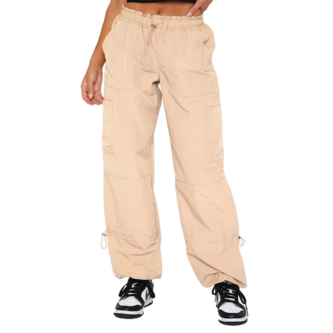 Men's straight-leg cargo casual trousers in grey with multiple pockets and a mid-waist design.