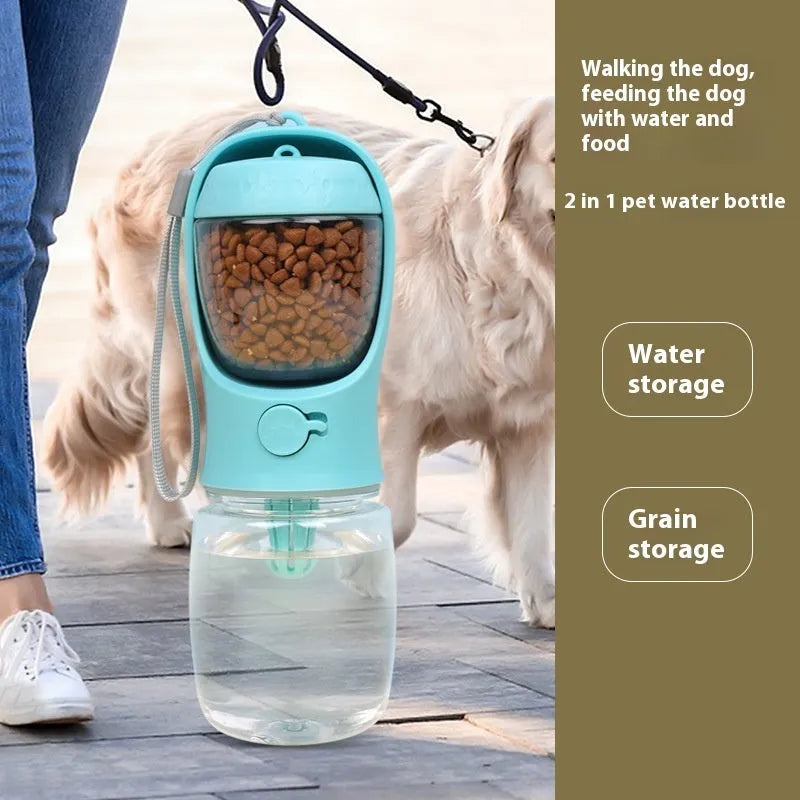 Blue dual-use plastic dog water cup with bottle and bowl design for outdoor walks.