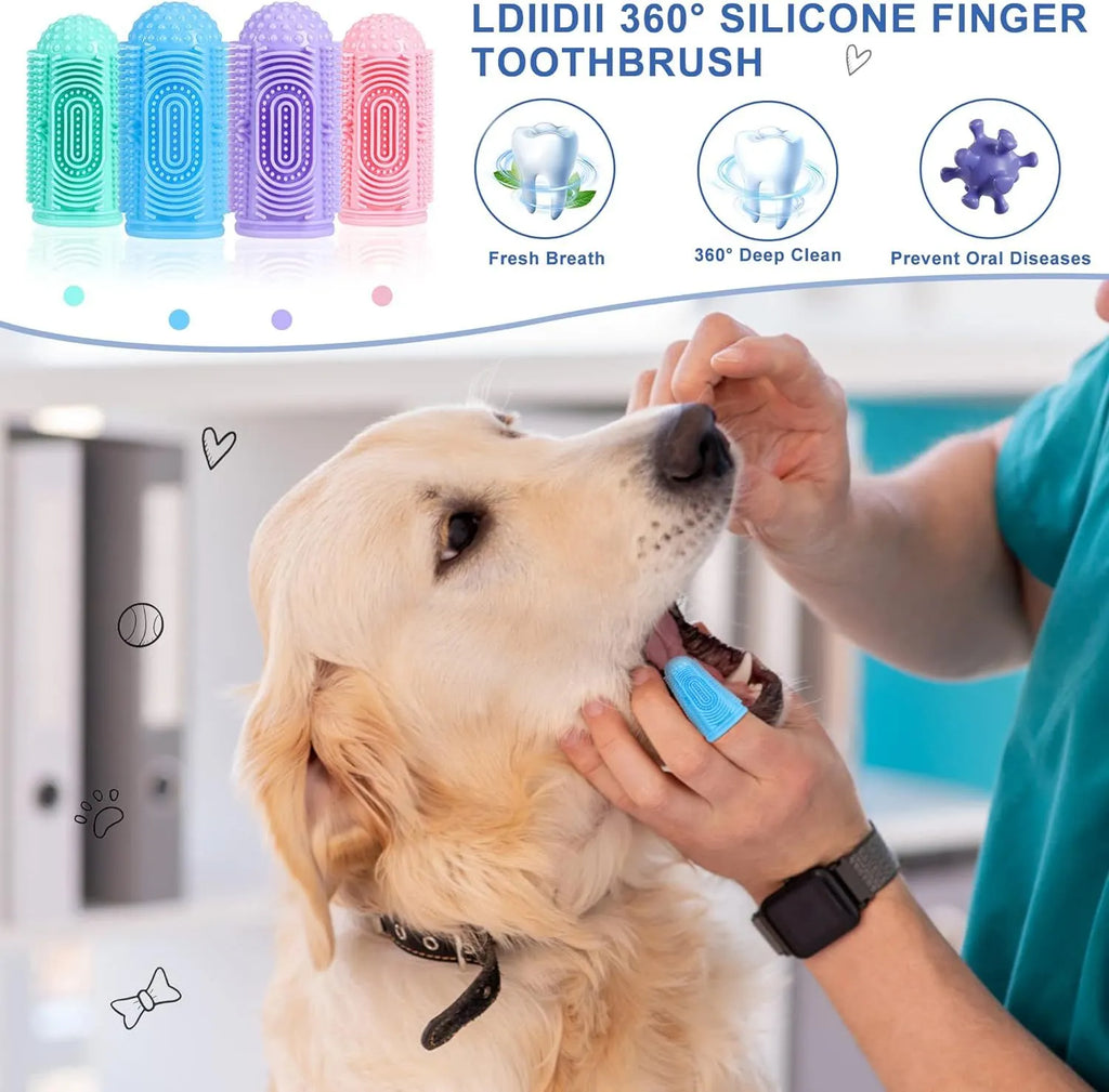 Dog finger toothbrush with 360° silicone bristles in blue, green, pink, and purple – soft non-slip sleeve for pet teeth cleaning
