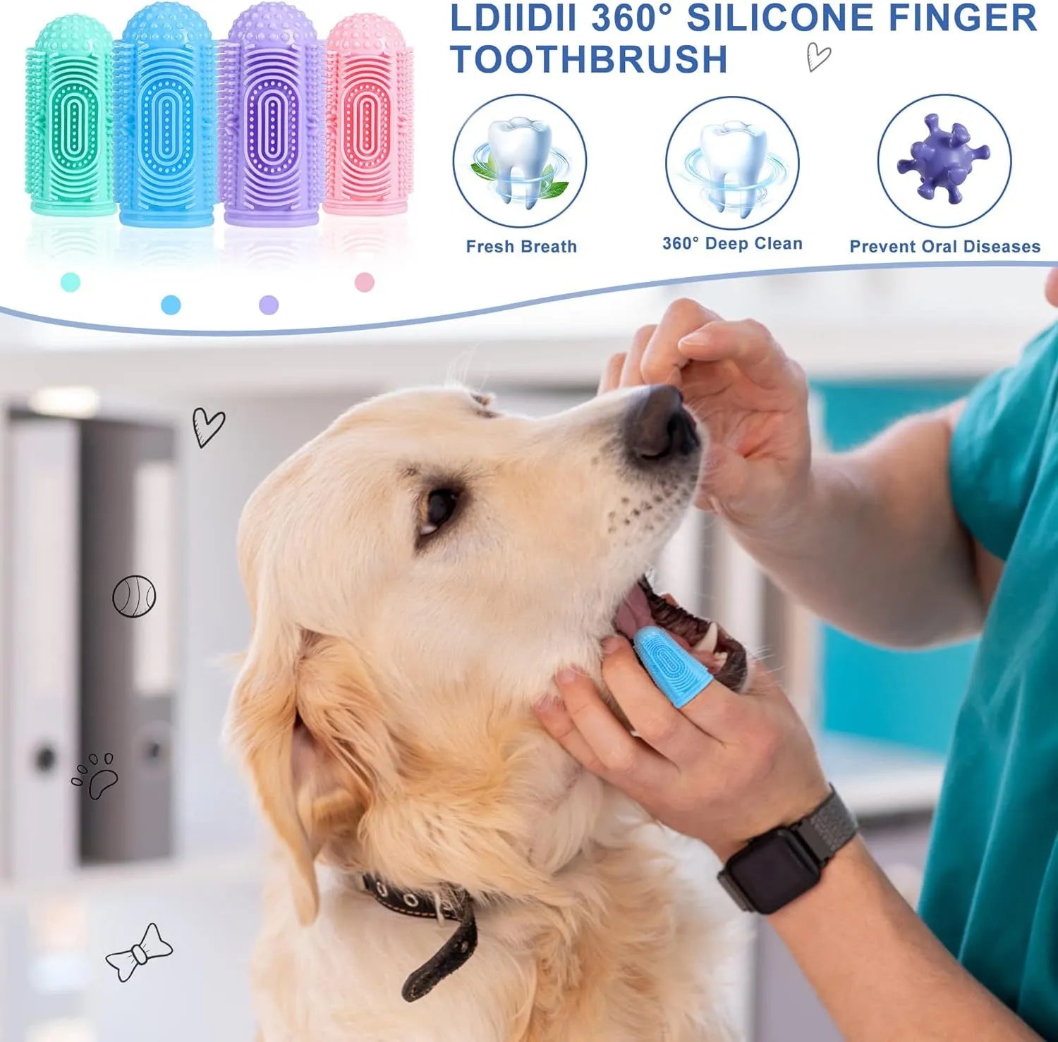 Dog finger toothbrush with 360° silicone bristles in blue, green, pink, and purple – soft non-slip sleeve for pet teeth cleaning