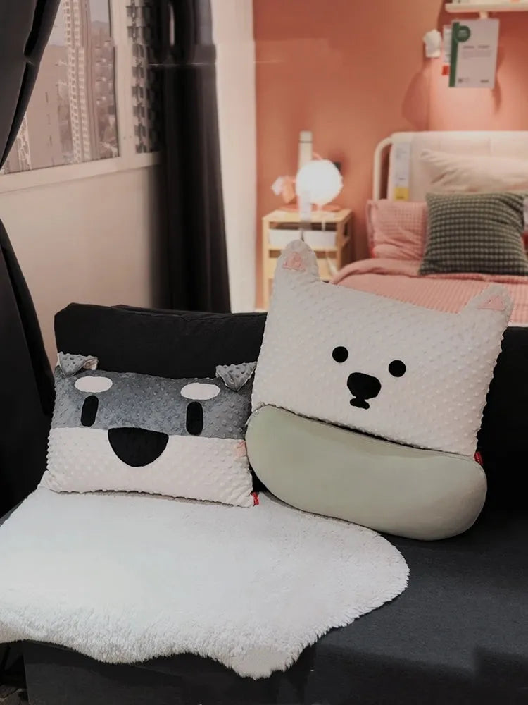 Grey West Highland puppy design soft dog pillow on a sofa