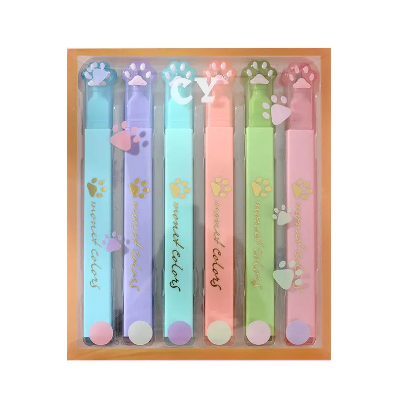 Cat's Paw fluorescent marking pen set showing six coloured pens with oblique nibs in a gift box.