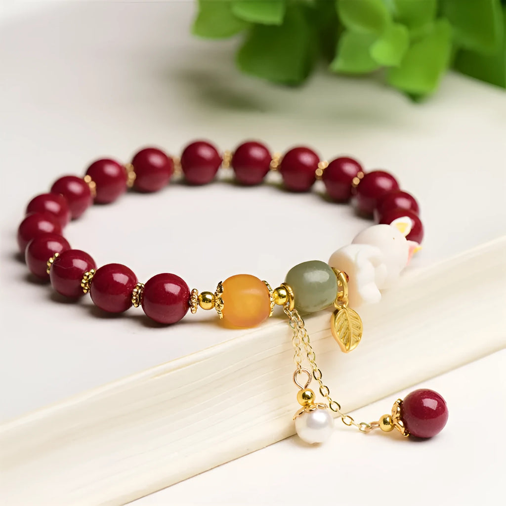 Natural cinnabar bracelet with rabbit charm in national style, purple-gold sand colour, 8mm or 10mm size option