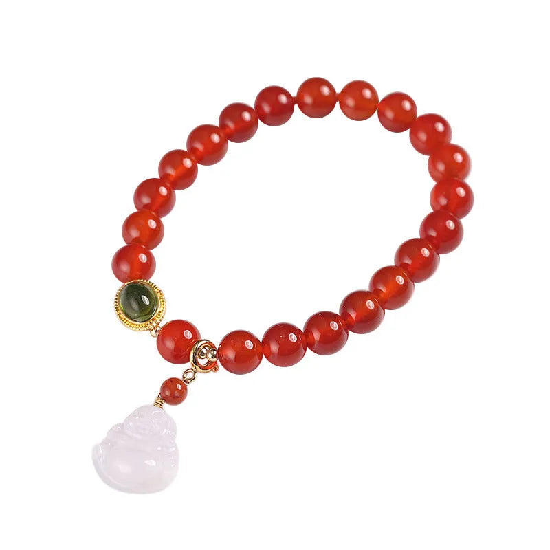 Handmade red agate and amber bracelet with Maitreya Buddha charm in Chinese geometric style.