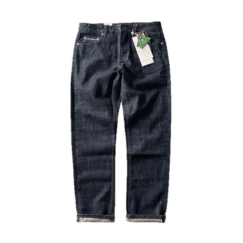 Men's primary colour straight leg jeans with a five-pocket design and mid-rise waist.