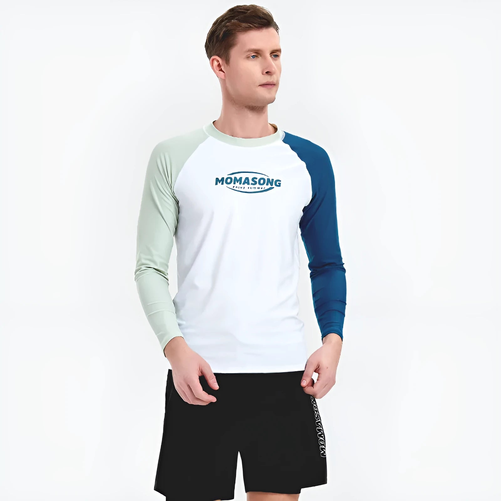 Men's white long-sleeved swim top with matching double-layer blue swim trunks for beach sports