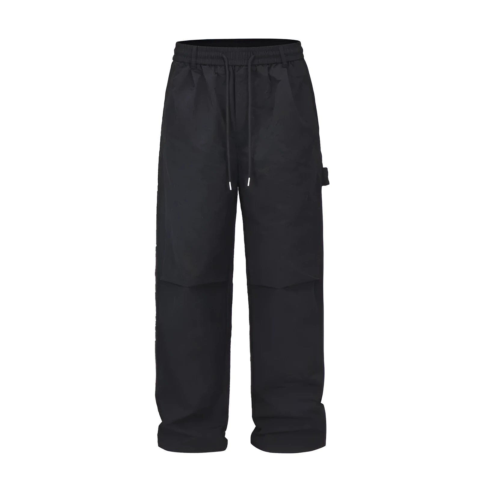 Black baggy paratrooper pants with an elastic drawstring waistband on a mannequin.