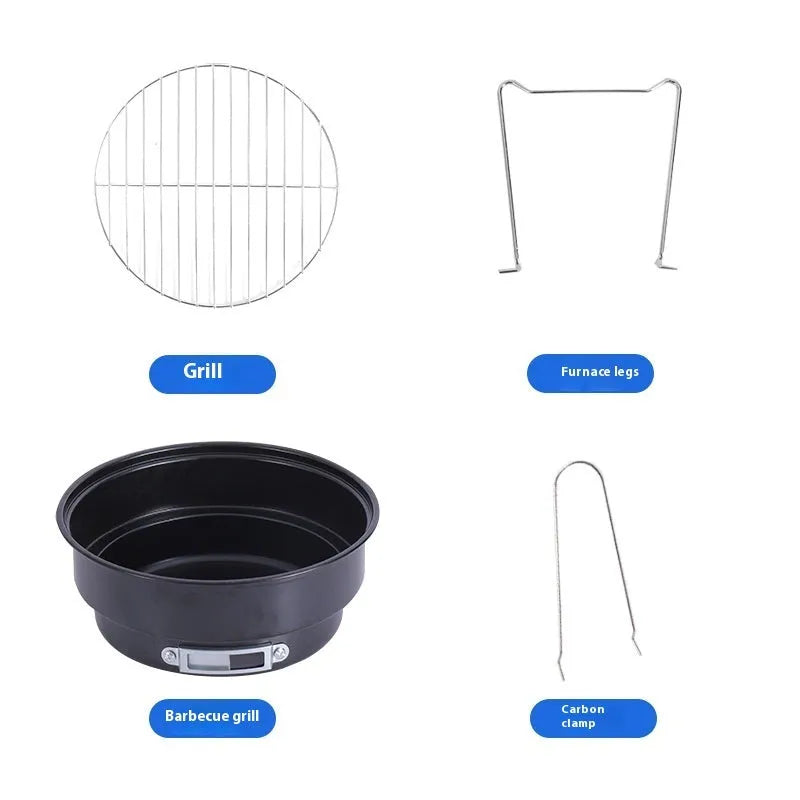 Small folding round ice stove with grill accessories for outdoor cooking
