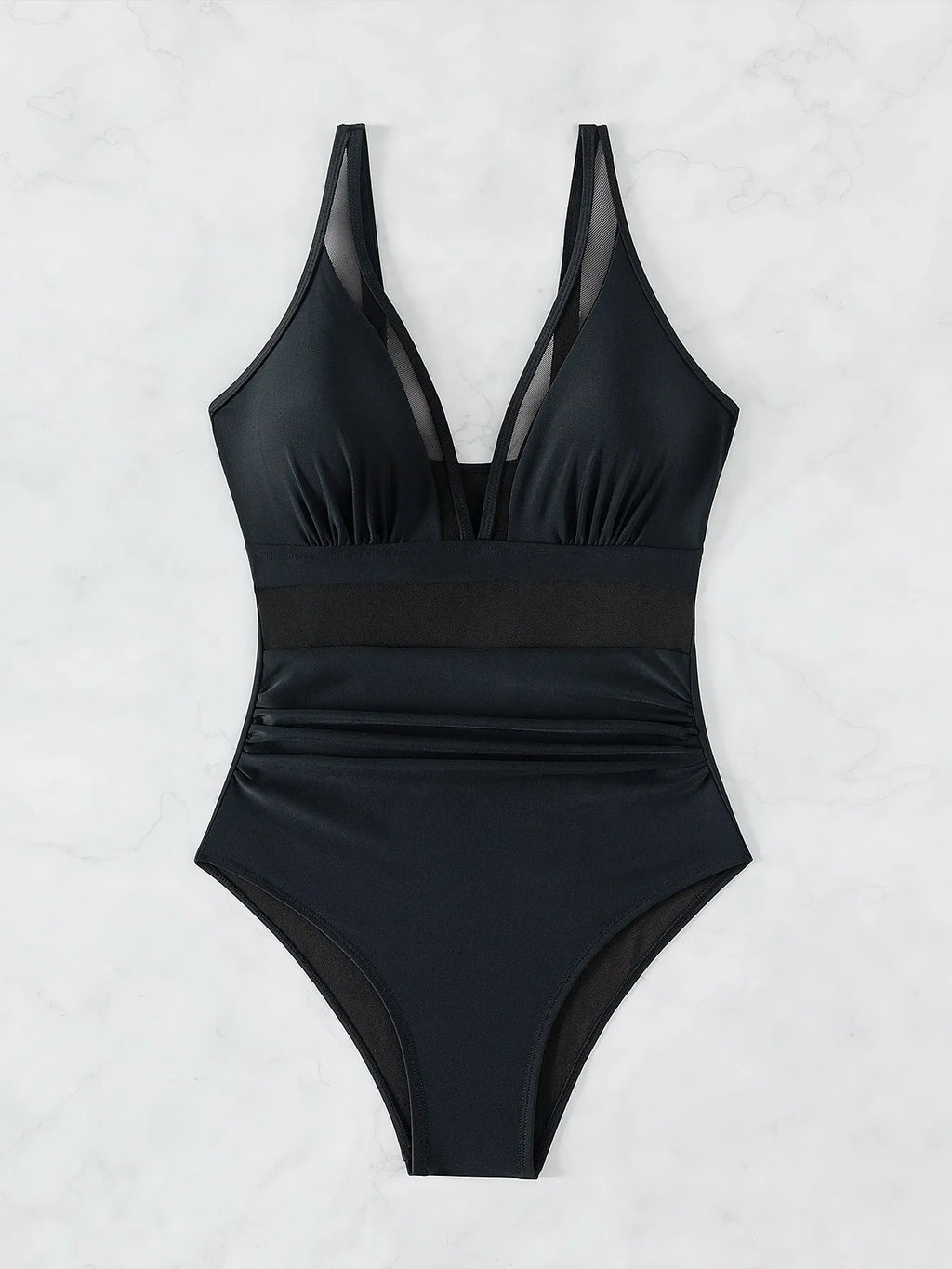 Black mesh halter bikini one-piece swimsuit on model showing sleeveless design and briefs style