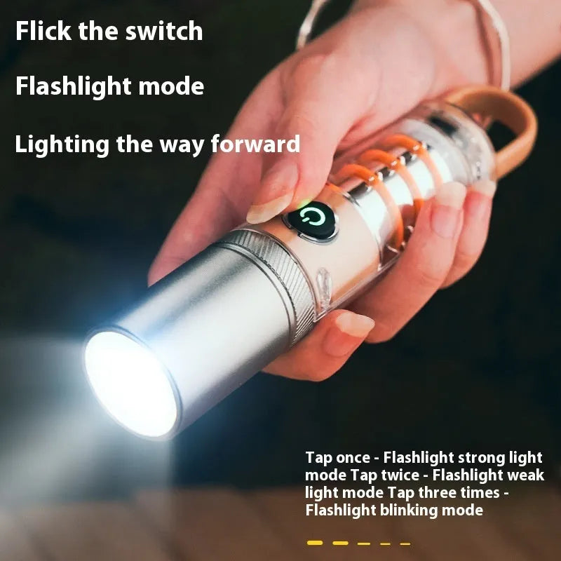 Orange and beige coloured LED torch with keychain loop, showing dual-light lens and USB port.