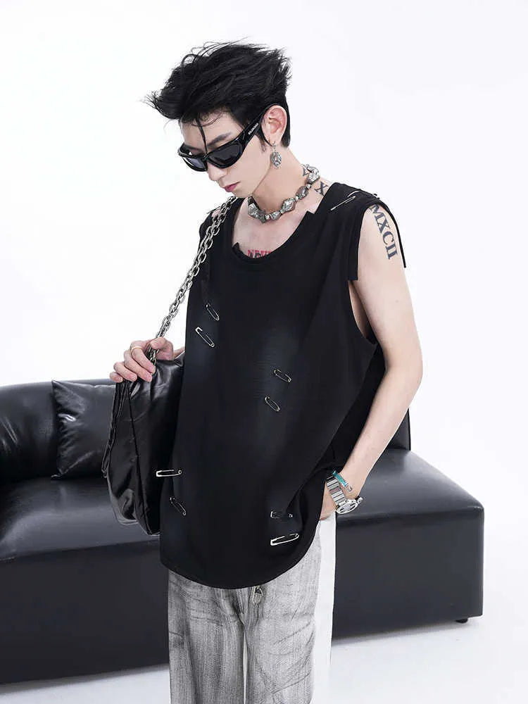 Men's black sleeveless vest waistcoat with irregular ripped cutting design detail
