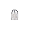 Aluminium mountain bike tyre valve cap in black, blue, gold, red, and silver colours.