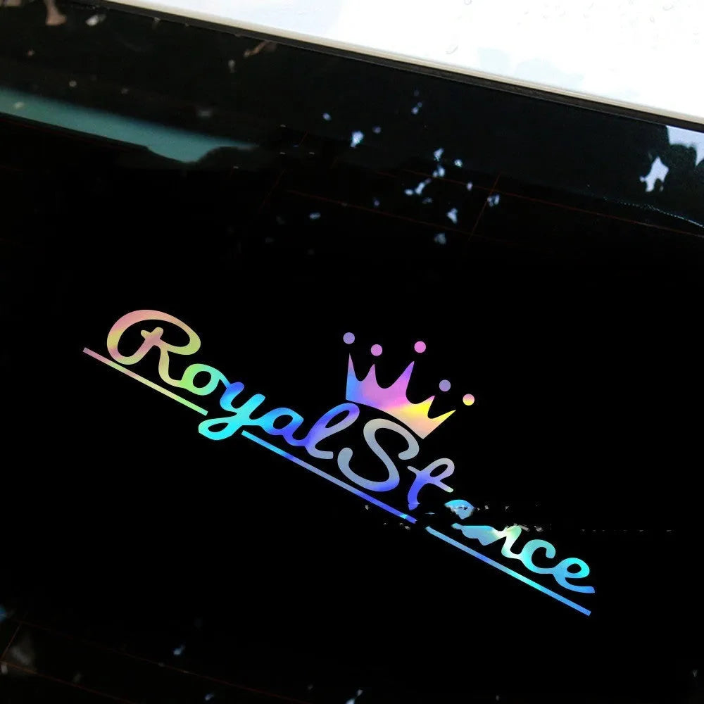 Reflective crown car sticker on vehicle window showing 30x12cm dimensions and colourful design