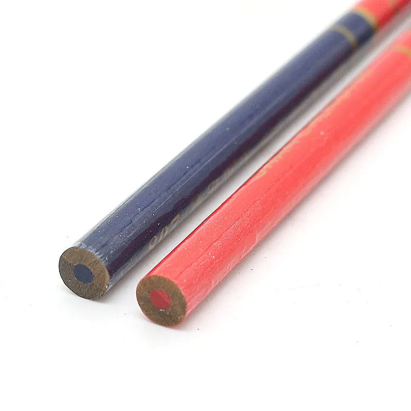 Pack of 10 red and blue two-colour wooden carpenter's pencils with round barrels.