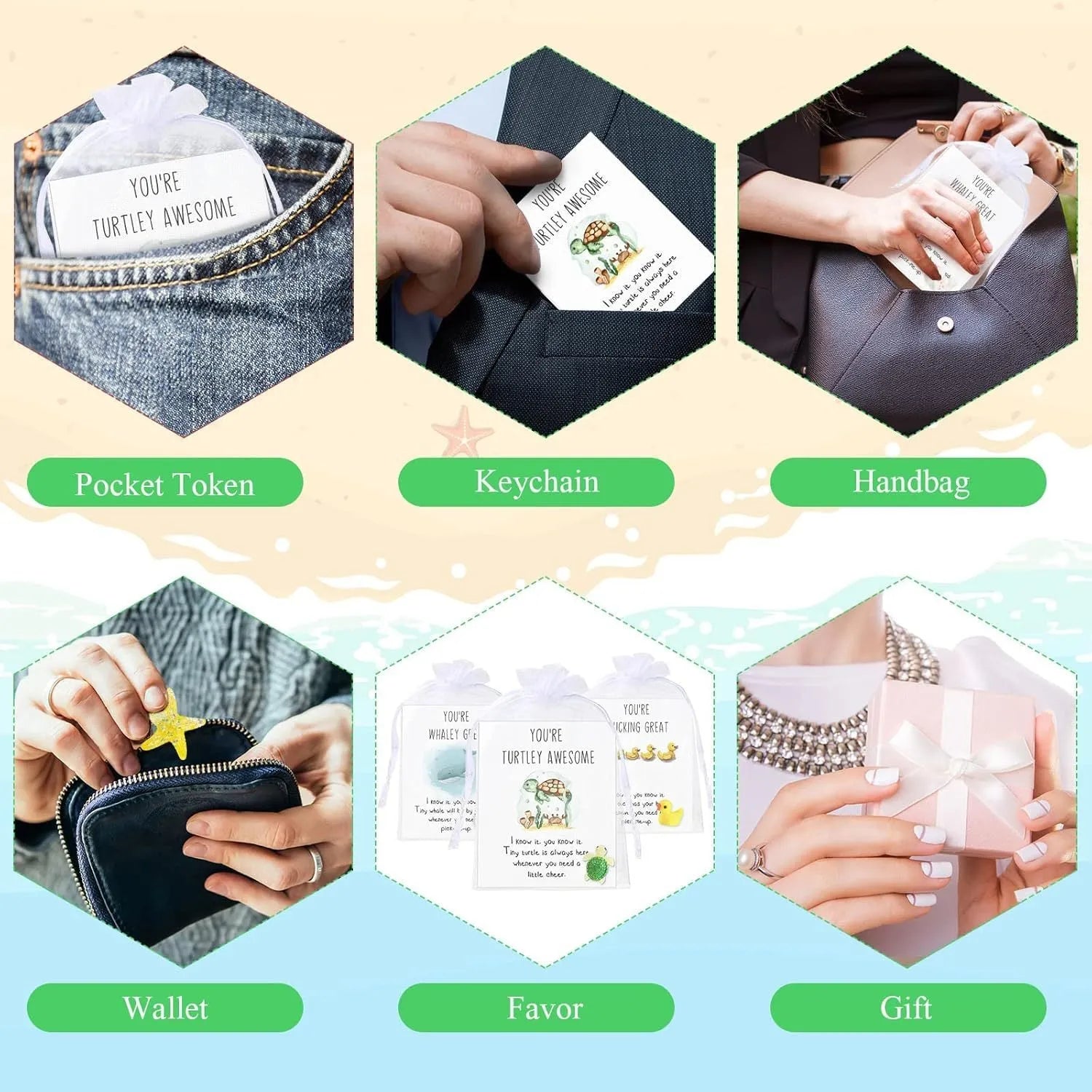 Set of resin memo cards with printed pun messages, showing different pack size options from 5 to 100 pieces.