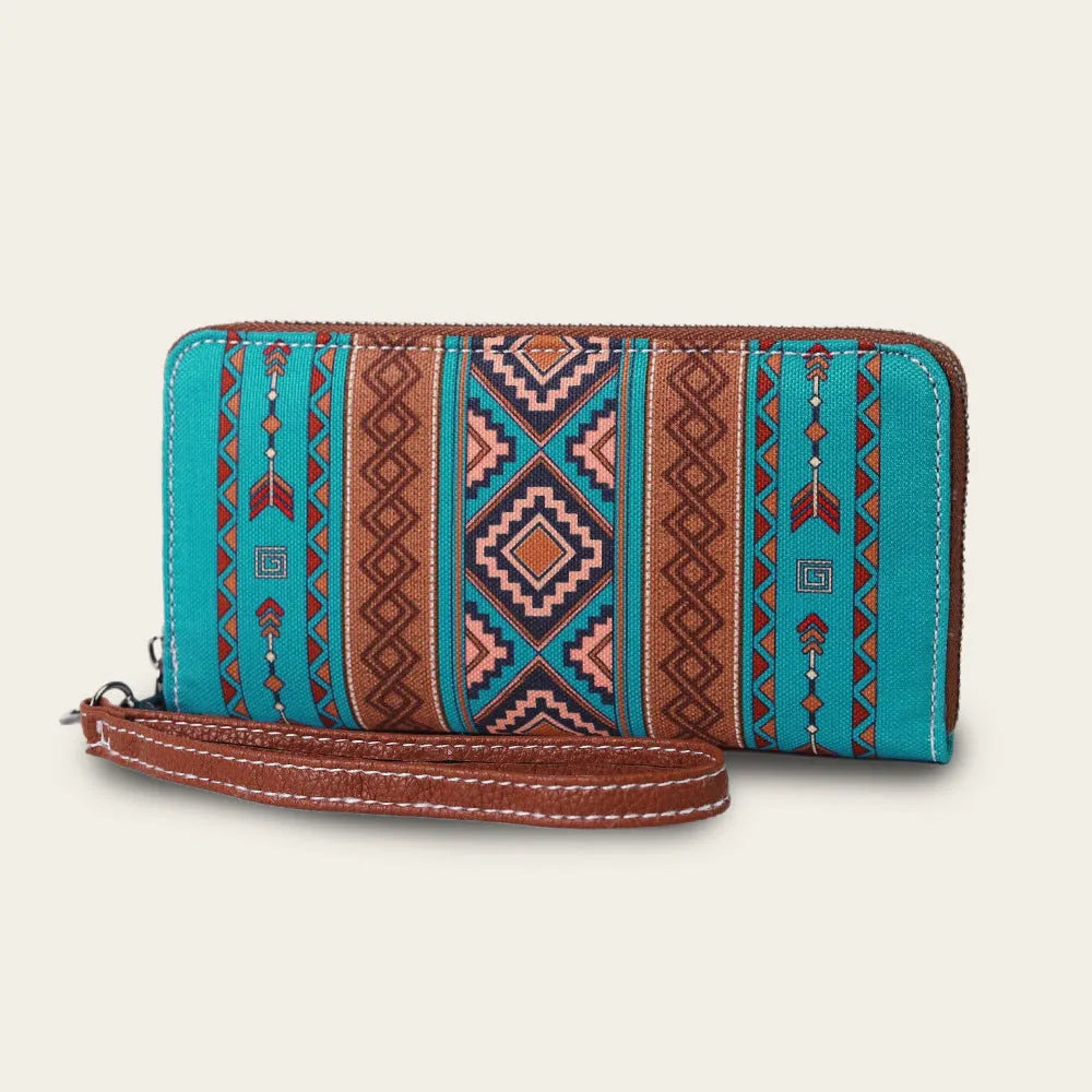 Bohemian stripe pattern canvas RFID wallet with wind belt design