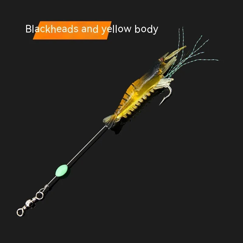 Six soft fishing lures with integrated hooks in colours including black head yellow body and luminous options