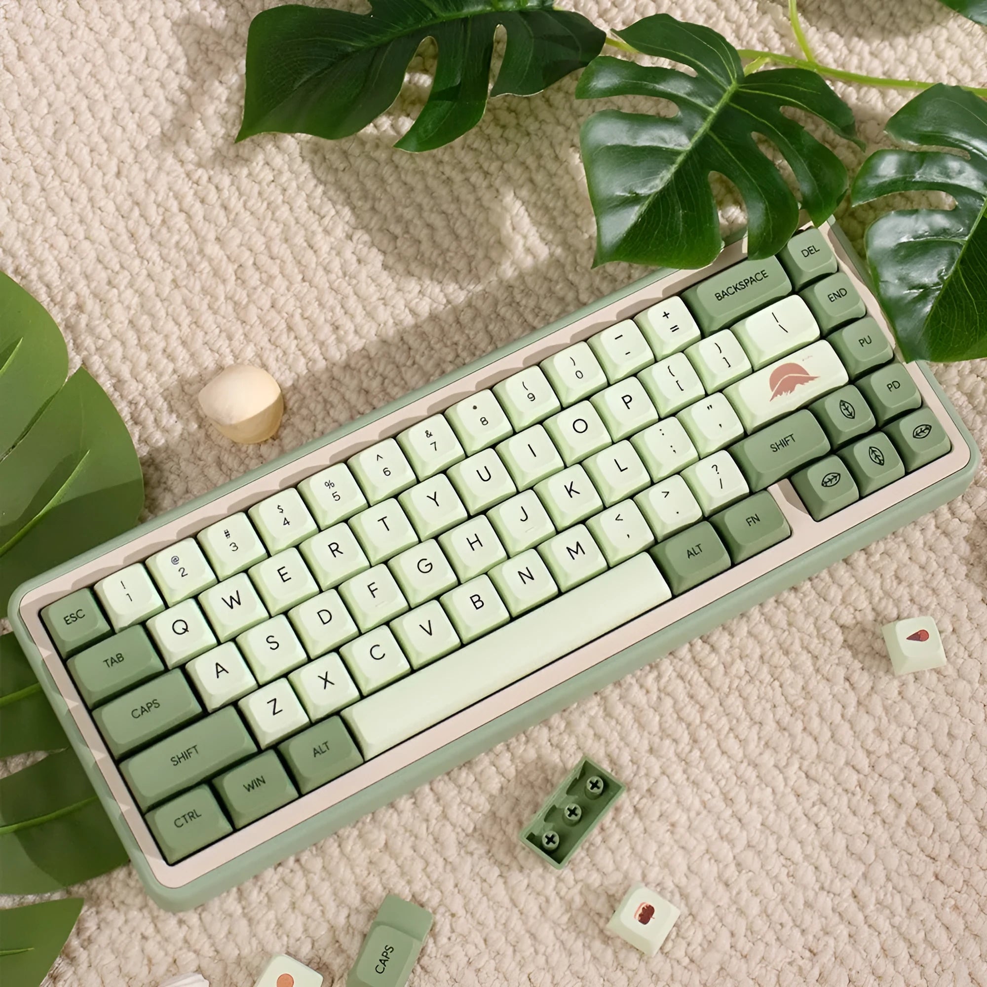 Full set of 124 matcha green PBT keycaps for a mechanical keyboard, showing various international layout options.