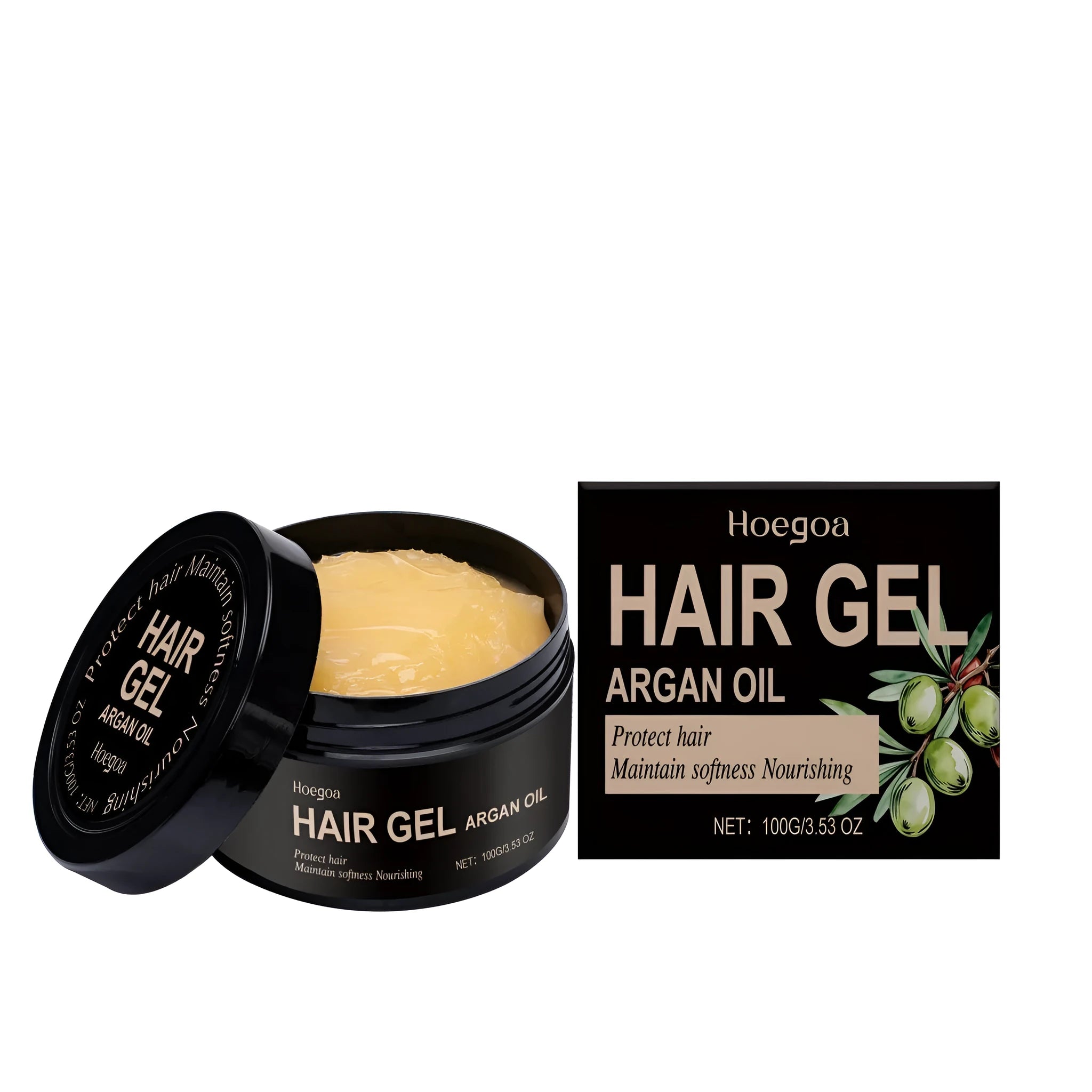 100ml bottle of Moroccan nut oil hair setting gel with vitamin E and hyaluronic acid