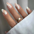 Plastic wearable nail stickers in JF0518 plaid pattern with medium drop shape and jelly glue backing.