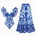 Women's printed one-piece swimsuit in various colours including rose pink, blue, and white.