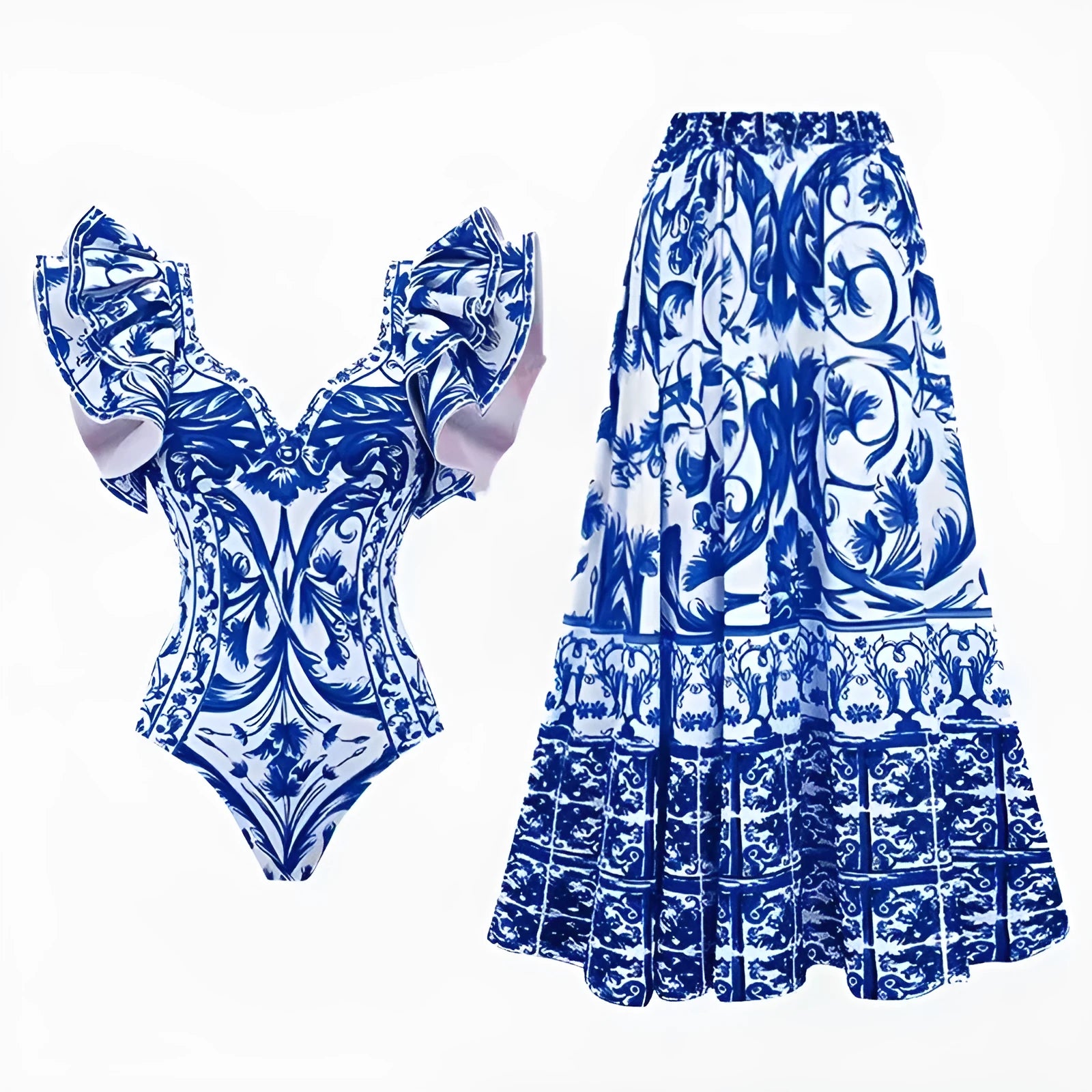 Women's printed one-piece swimsuit in various colours including rose pink, blue, and white.
