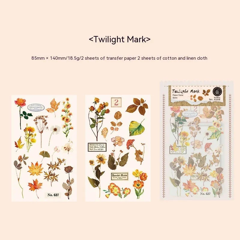 Huazhisen Series sticker material pack showing transfer paper and cotton linen sheets in 85x180mm size with literature-style forest designs