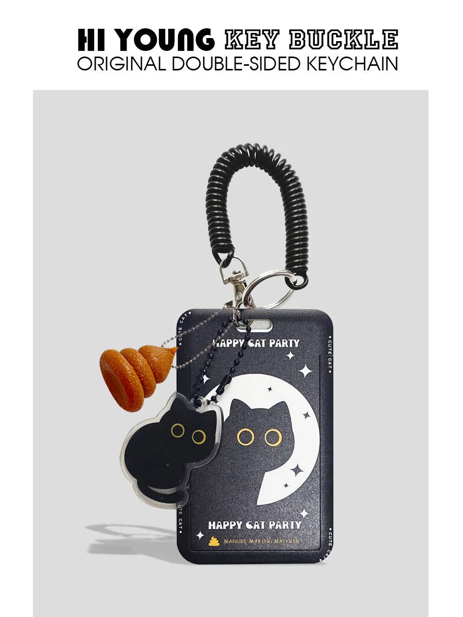 Cartoon black cat plastic card holder with metal keychain pendant for transport and student cards