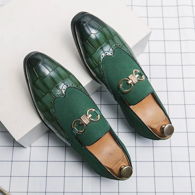 Men's black Korean style pointed toe leather shoes with low top and rubber sole on a white background