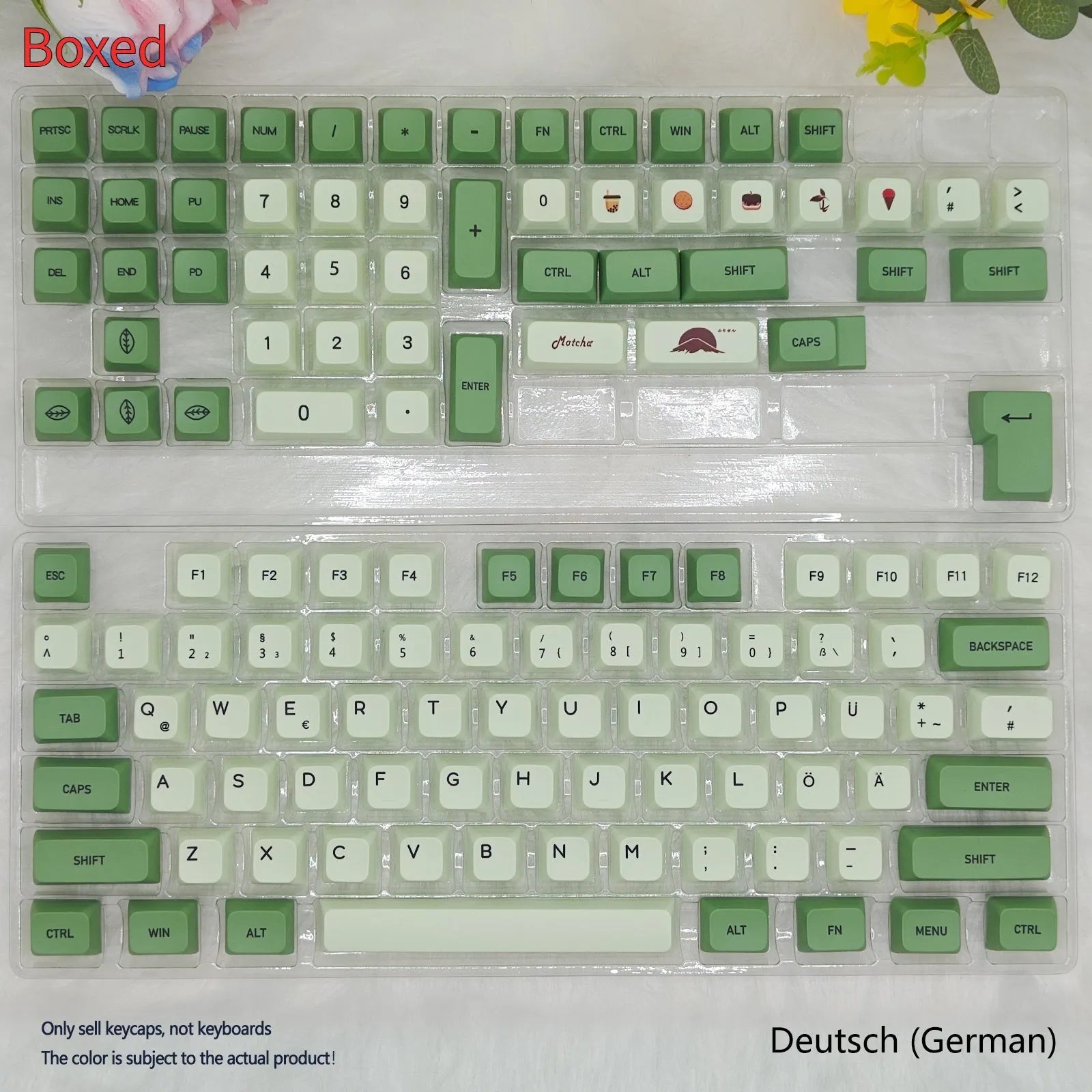Full set of 124 matcha green PBT keycaps for a mechanical keyboard, showing various international layout options.