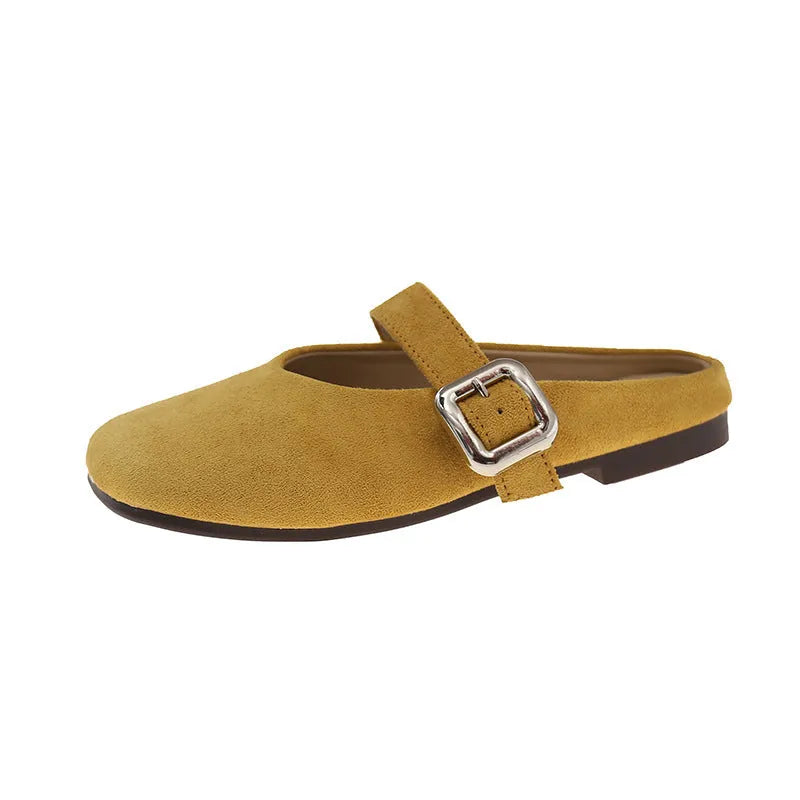 Women's flat closed toe half slippers in PU material with square toe design and rubber sole