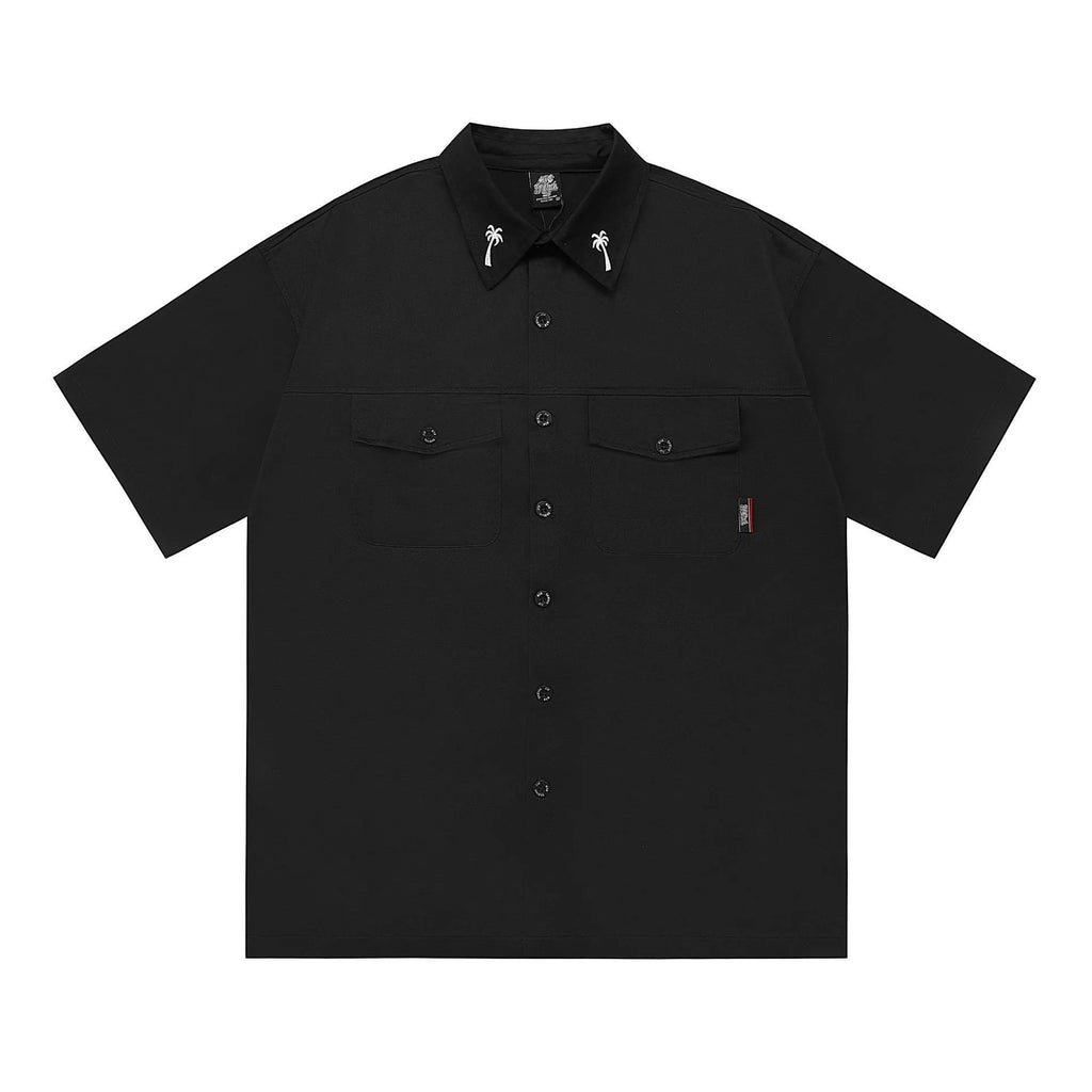 Men's plus size loose fit cotton blend work shirt with embroidered design and half sleeves