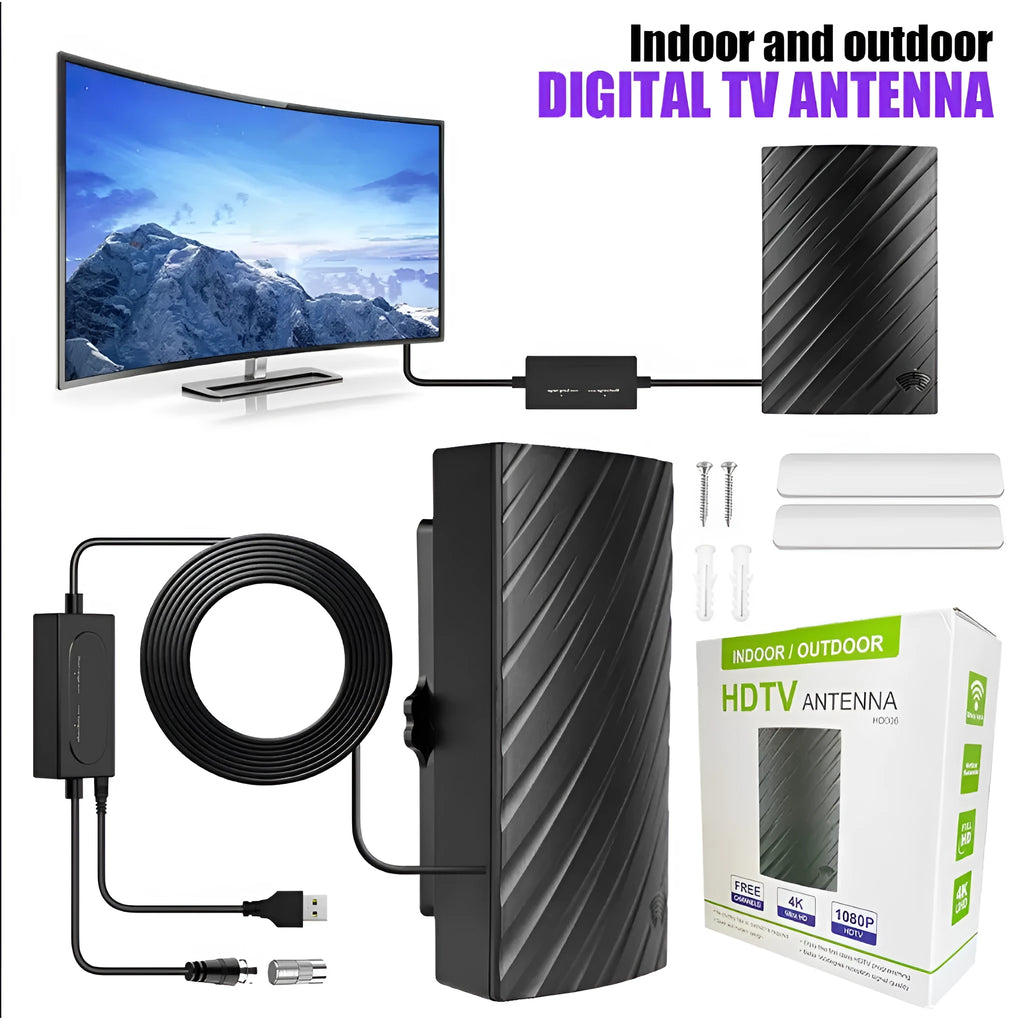 Black plastic indoor HD television antenna with mounting hardware including expansion tubes, screws, cable ties, and adhesive tape