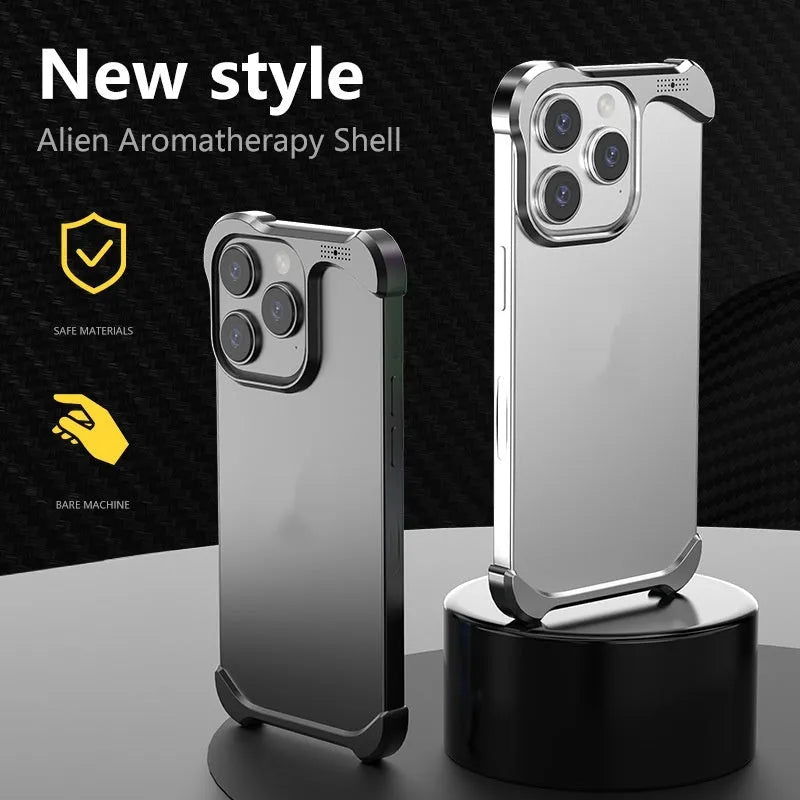Special-shaped aromatherapy aluminium alloy hollow phone case in black for iPhone 14 Pro Max