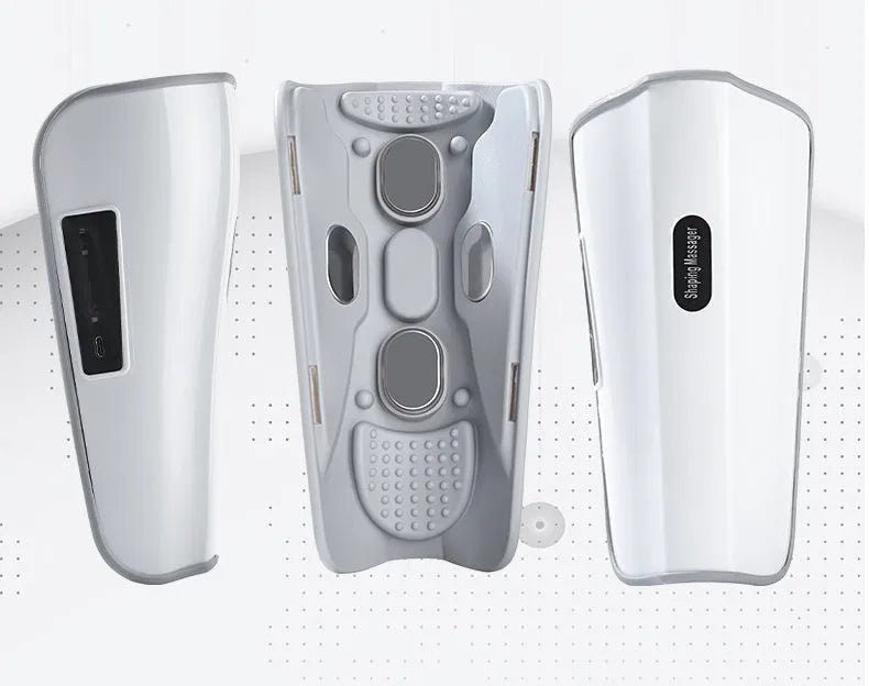 White plastic calf massager with mechanical controls and USB Type-C connection port