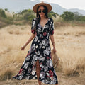 Women's floral V-neck summer dress with elastic waist and large hemline skirt in yellow colour