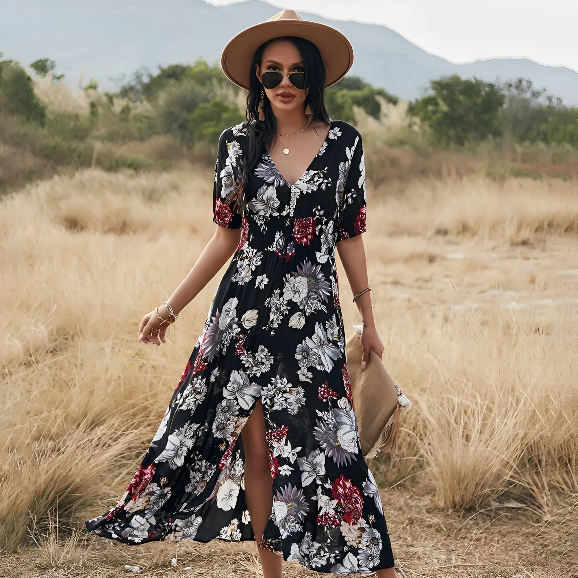 Women's floral V-neck summer dress with elastic waist and large hemline skirt in yellow colour