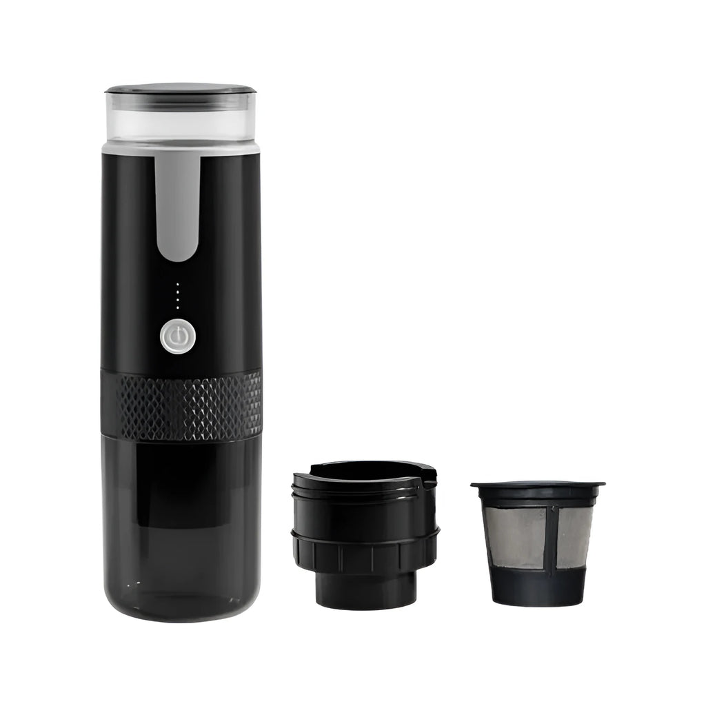 Black portable K-cup coffee machine for travel and vehicle mounting