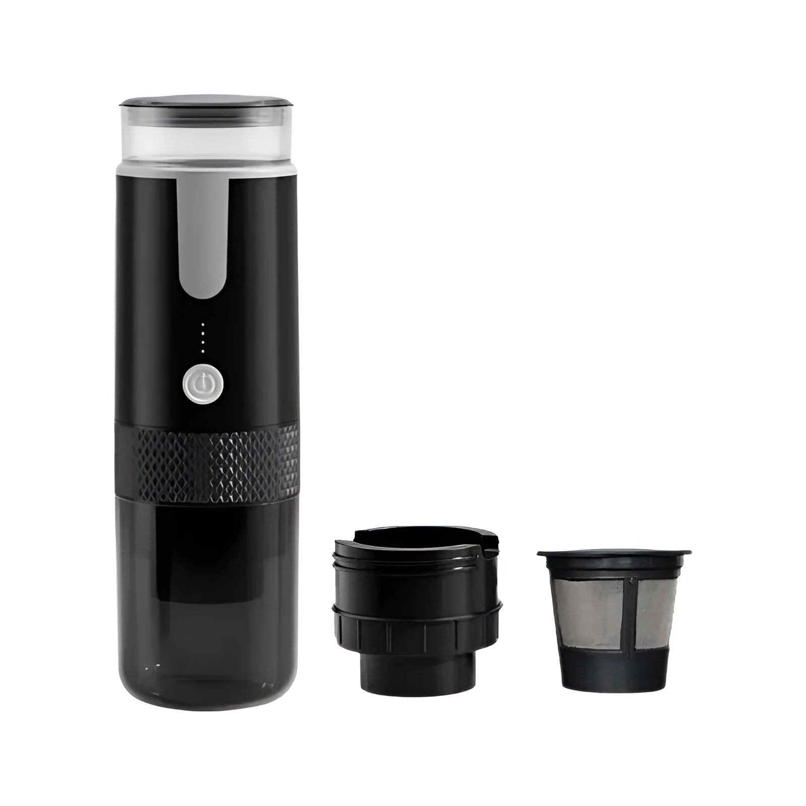 Black portable K-cup coffee machine for travel and vehicle mounting