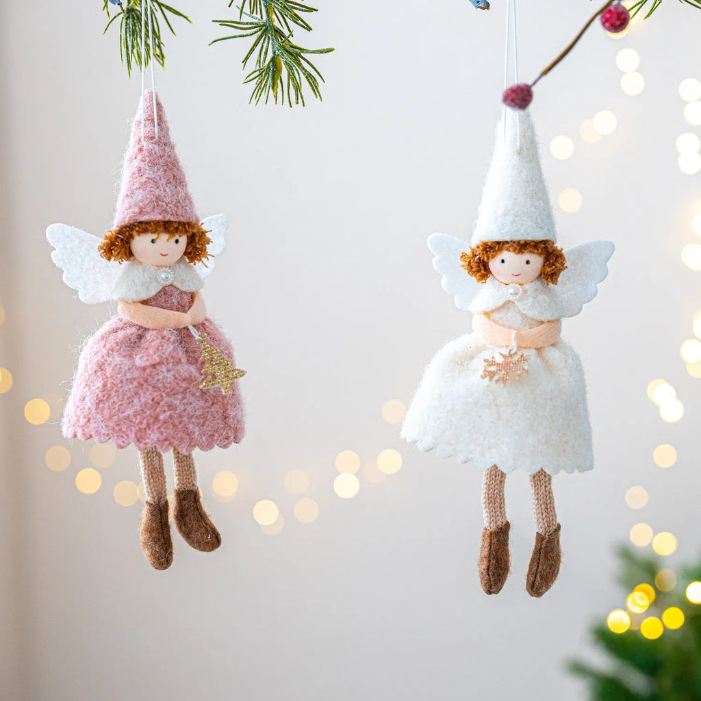 White and pink cloth Christmas angel skirt felt pendant with plush decoration hanging ornament