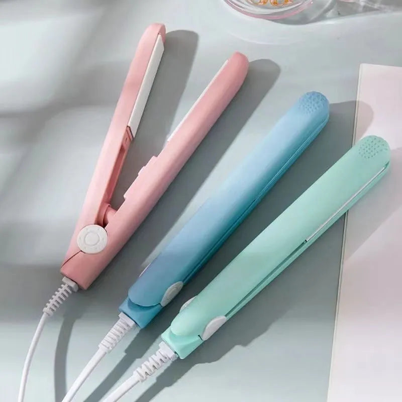 Mini hairdressing splint straightener and storage box for styling bangs and fringes, shown in one of five colour options.