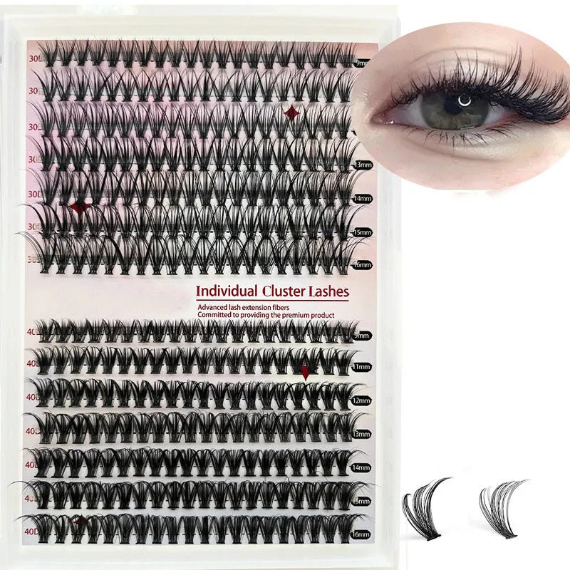 DIY cluster lashes mixed package showing 30D and 40D false eyelashes in 9-16mm lengths with application tweezers