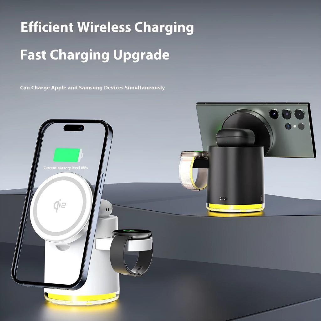 C16 Magnetic Three-in-one Wireless Folding Charger in Black and Ivory White, shown open and folded.