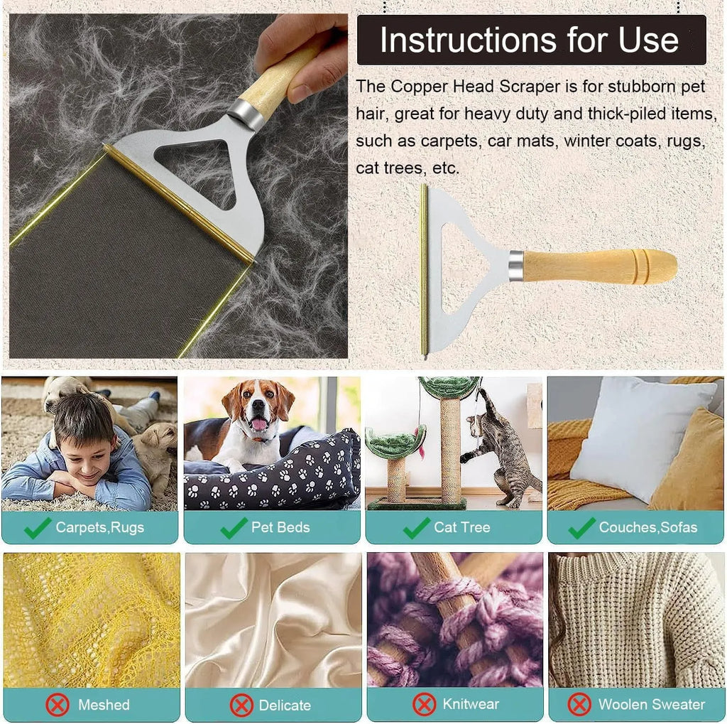 Three pet hair removal tools: a metal lint shaver, a double-row silicone brush, and a round ABS+TPR cleaner.