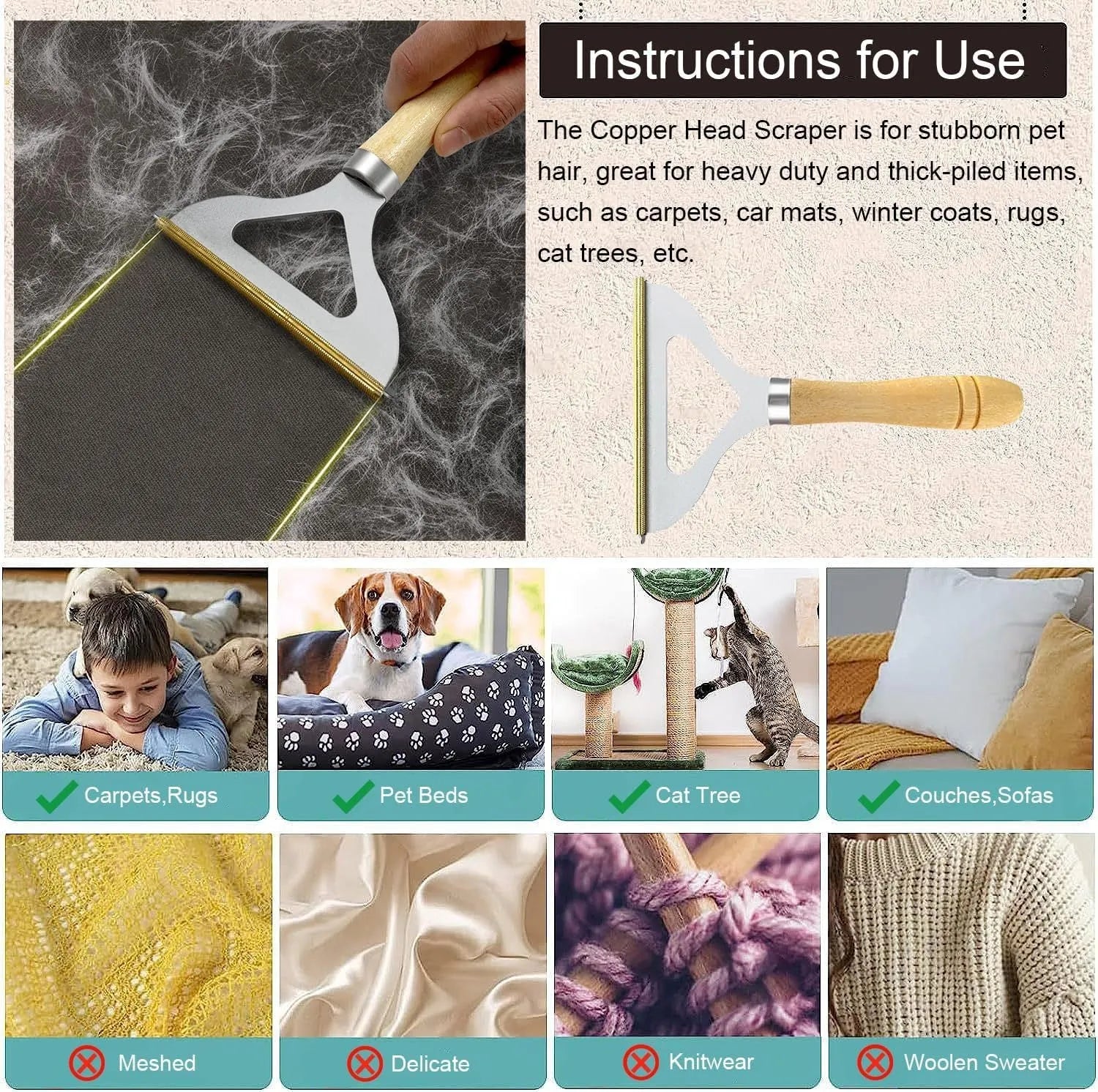 Three pet hair removal tools: a metal lint shaver, a double-row silicone brush, and a round ABS+TPR cleaner.