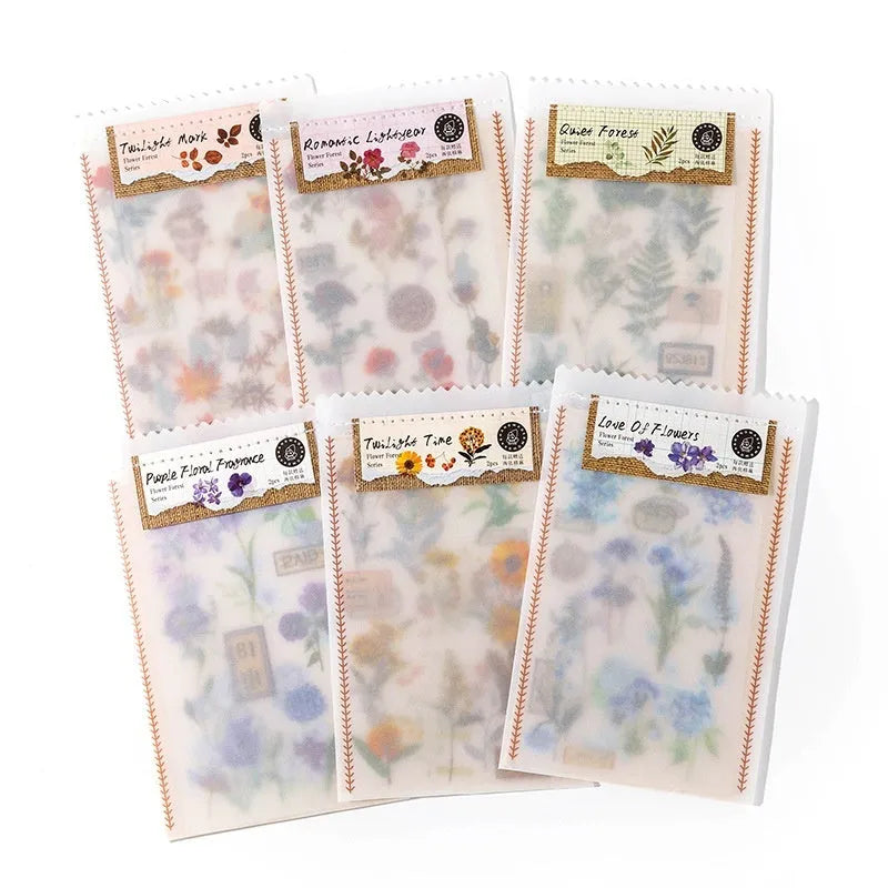 Huazhisen Series sticker material pack showing transfer paper and cotton linen sheets in 85x180mm size with literature-style forest designs